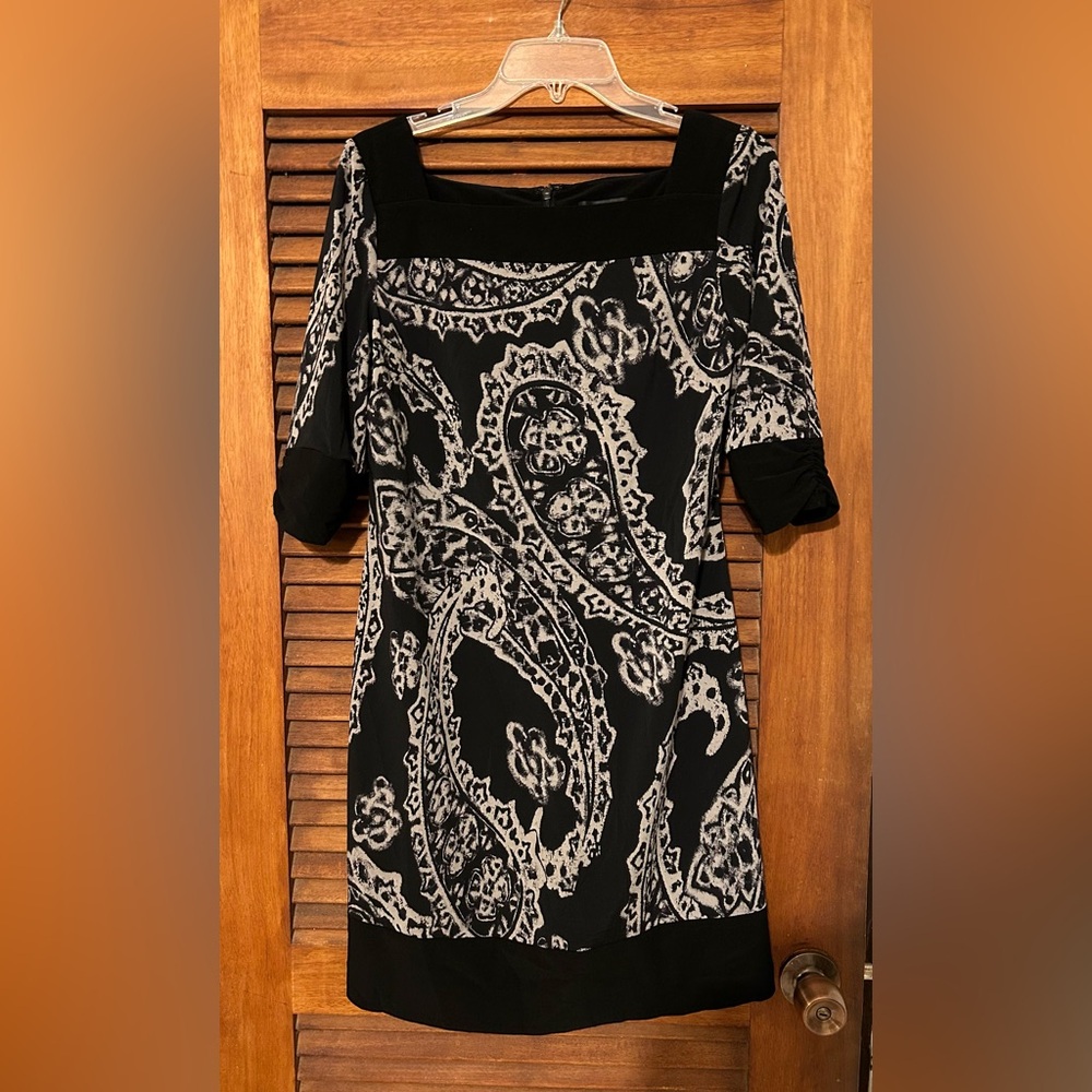 ADRIANNA PAPELL Paisley Boho Dress 3/4 Ruching Cuff Sleeve & Square Neck Size 8